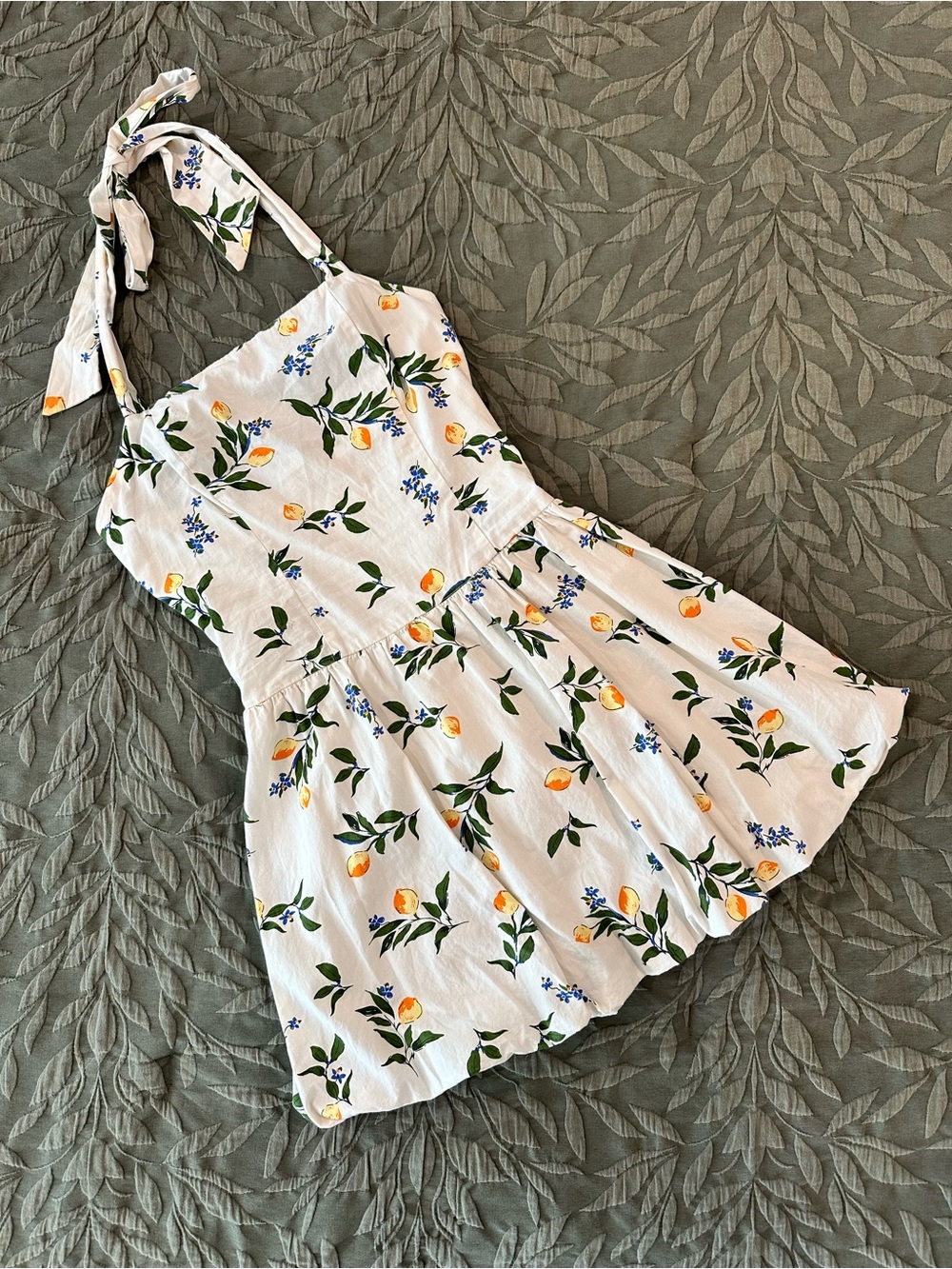 White Lemon Print 100% Cotton Halter Dress
